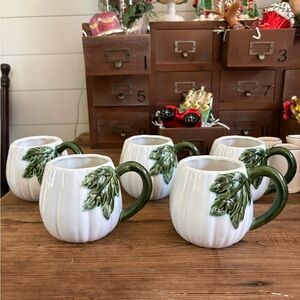 Set of 5 pumpkin Guord shaped mugs; white with green stem handle